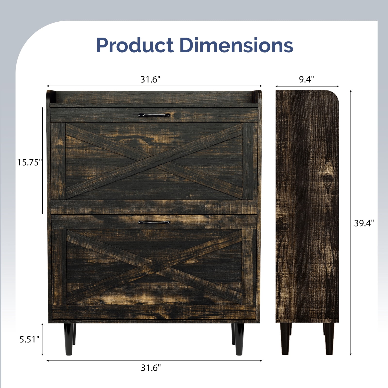 2-Drawer Top-Mounted Barn Door Shoe Cabinet, Melamine Board Embossed MDF, Black Oak, 31.61 x 9.45 x 39.37 in