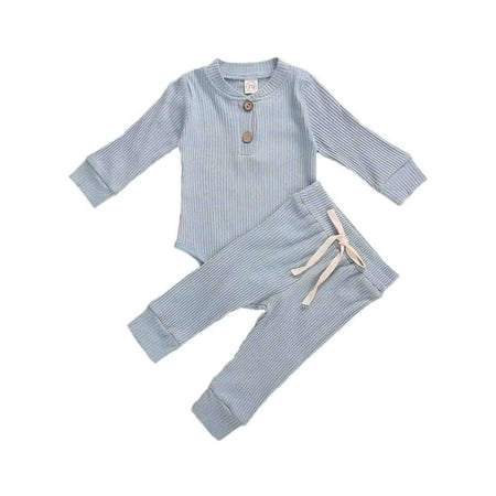 

Izhansean Newborn Baby Boy Girl Clothes Ribbed Knitted Romper Long Pants Fall Winter Suit Blue 18-24 Months