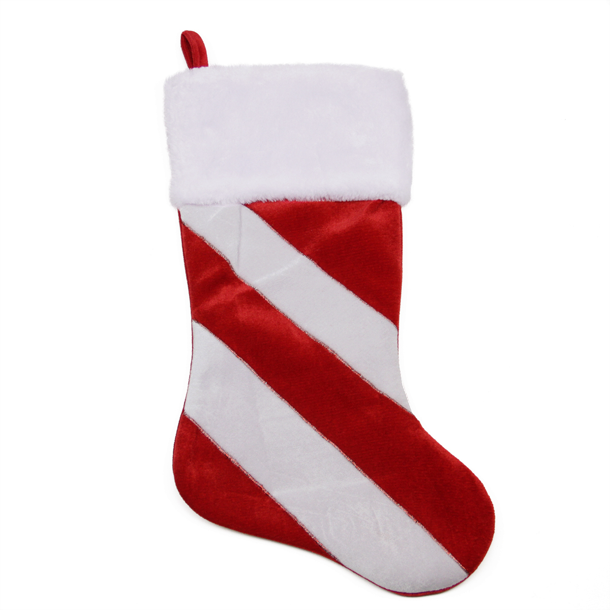 20" Red and White Candy Cane Inspired Striped Christmas Stocking with White Faux Fur Cuff 
