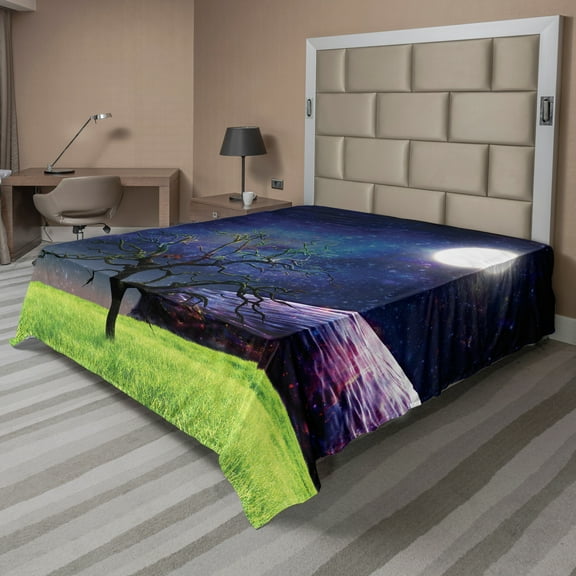 Ambesonne Tree Flat Sheet, Full Moon Galaxy Grass, Queen Size, Green and Navy