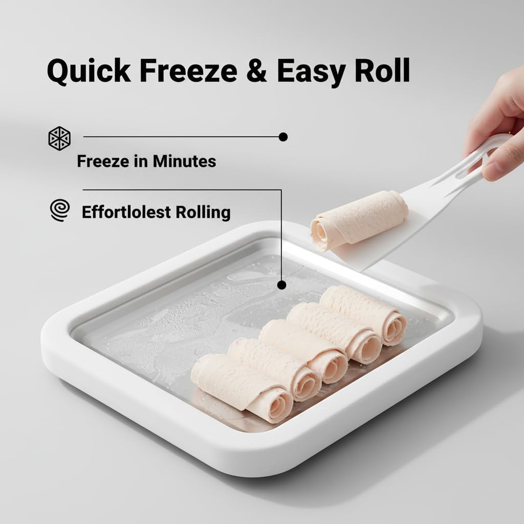 Rolled Ice Cream Maker Kit, 2026 New At-Home Stainless Steel Instant Freeze Plate with 2 Scrapers, DIY Rolled Ice Cream Tray, Perfect for Family Fun, Easy Homemade Desserts (White)