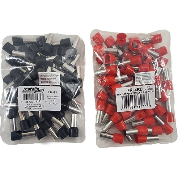 The Install Bay FRL4 Black and RED Barrel 4 AWG Copper Ferrules - 50 per bag