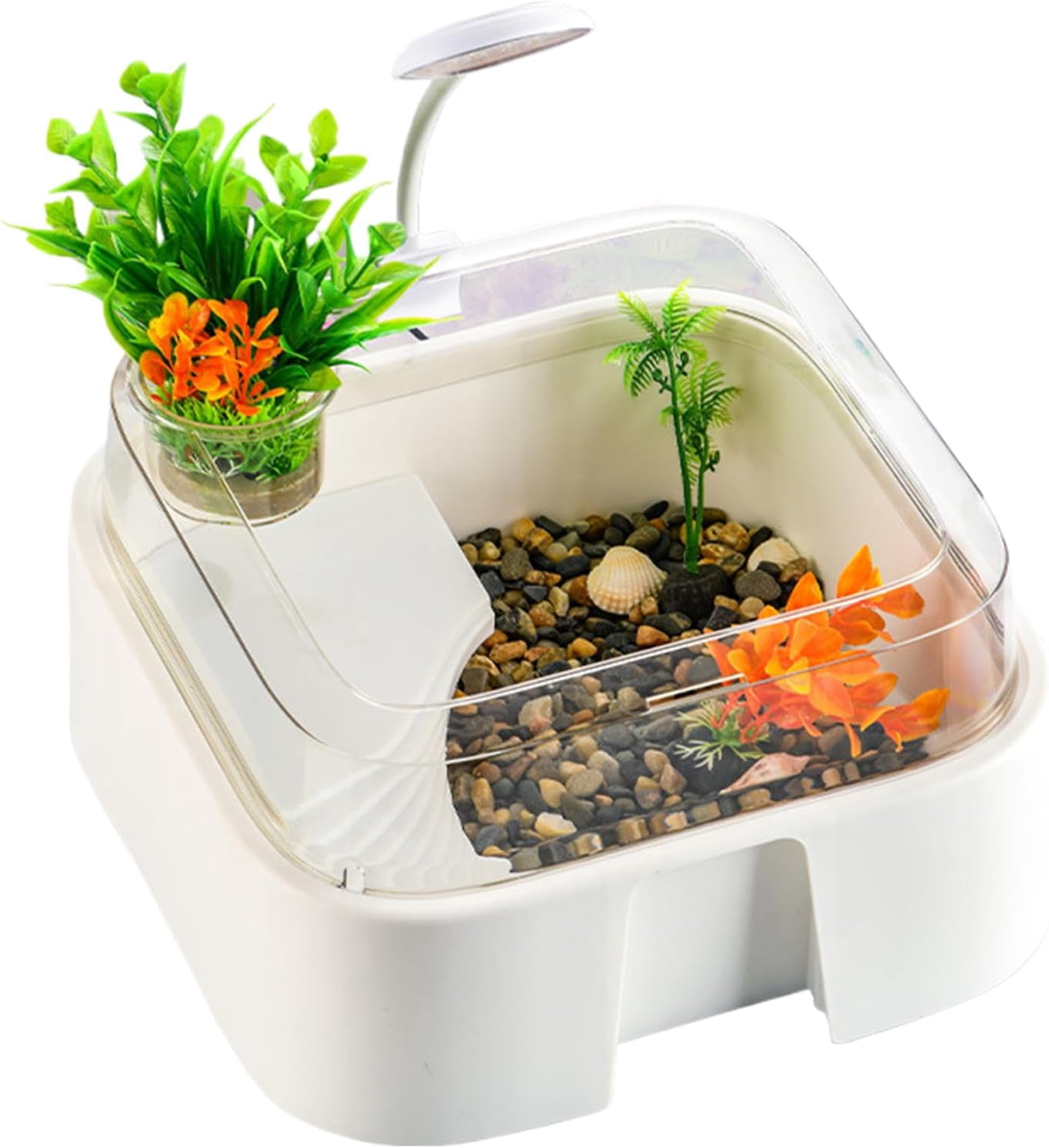 Tortoise Tank Set with Lighting, Artificial Plants, Stones, Raised Curved Design for Indoor