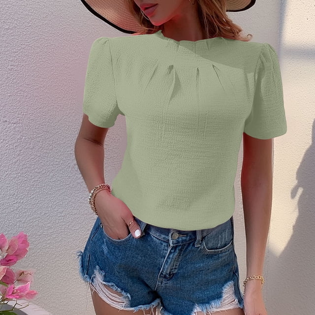 JMKQLZ Women's Fashion Solid Color Summertime Button Short Sleeve Round-Neck Blouses