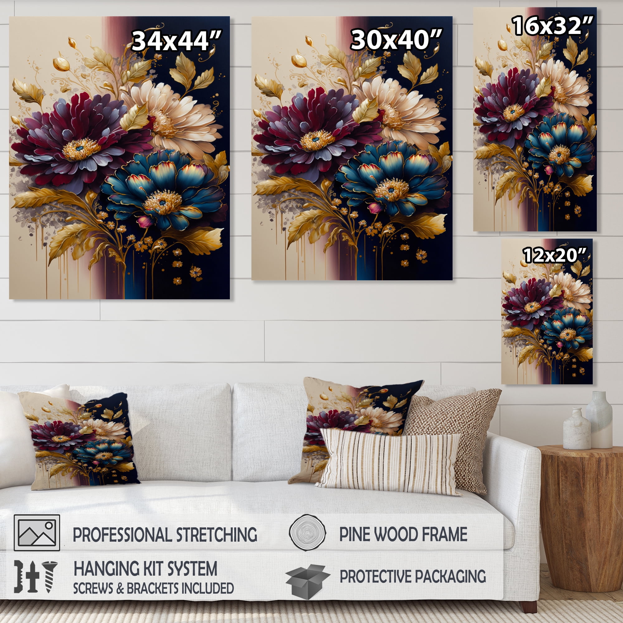 Designart Burgundy And Blue Daisy Bunch III Canvas Wall Art