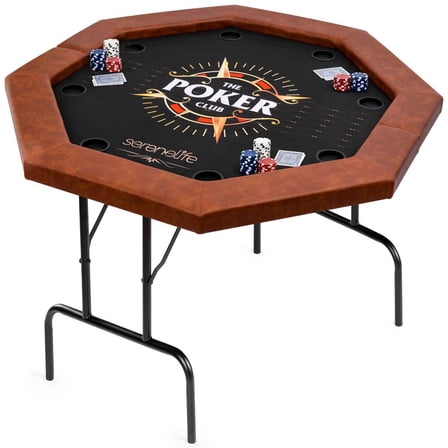 SereneLife Poker Foldable Octagonal 8 Players with Water-Resistant Cushioned Rail, 8 Drink Holders, Brown