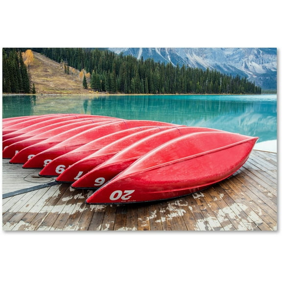 Trademark Fine Art 'Red Canoes of Emerald Lake' Canvas Art by Pierre Leclerc