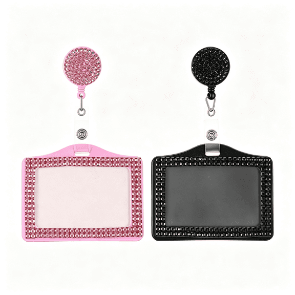 Dvjoy 2 Pcs Badge Holder Horizontal, Bling Rhinestone ID Badge Holders | Cute Crystal Card Holder with Retractable Reel Clip for Business Office School (Black and Pink)