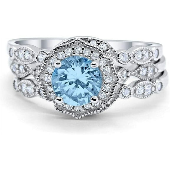Divine Creation 925 Sterling Silver 2.45 Ct Round Cut Aquamarine Wedding Engagement Thanksgiving Christmas Bridal Ring Set 14K White Gold Plated For Women's -7
