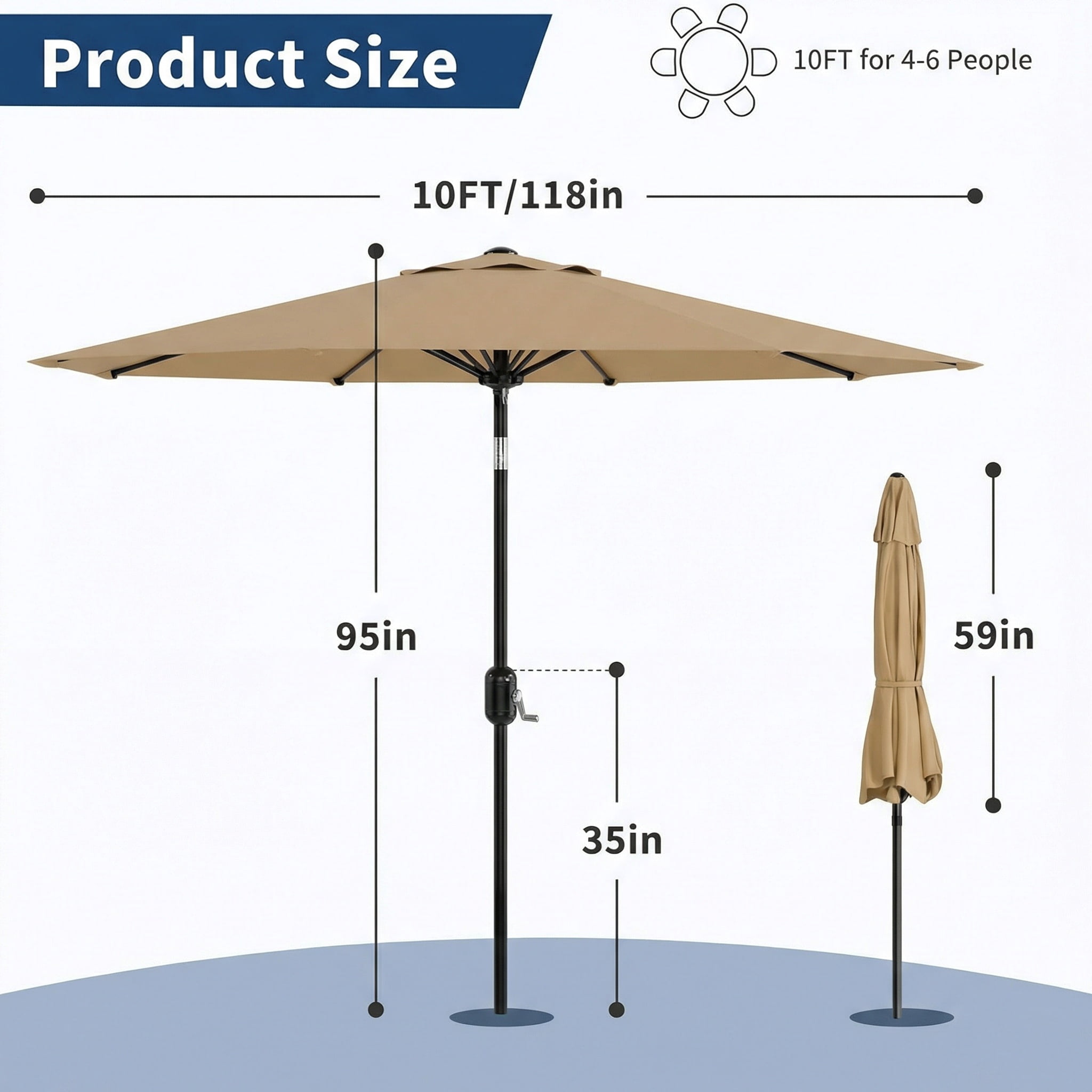 10 ft Patio Umbrella,8 Ribs Outdoor Market Table Umbrella with Crank Lift Push Button Tilt,Tan