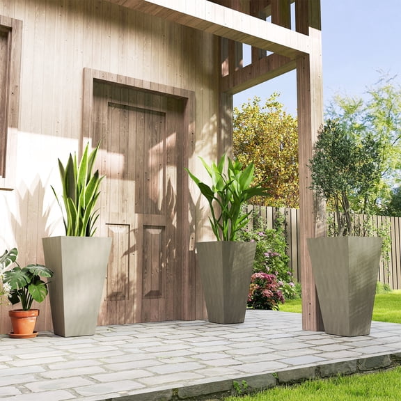 Outsunny Set of 3 Tall Planters, 28" Square Outdoor Flower Pots with Drainage Hole and Plug, PP Plastic Plant Pots for Patio Porch Garden Indoor Use, Gray