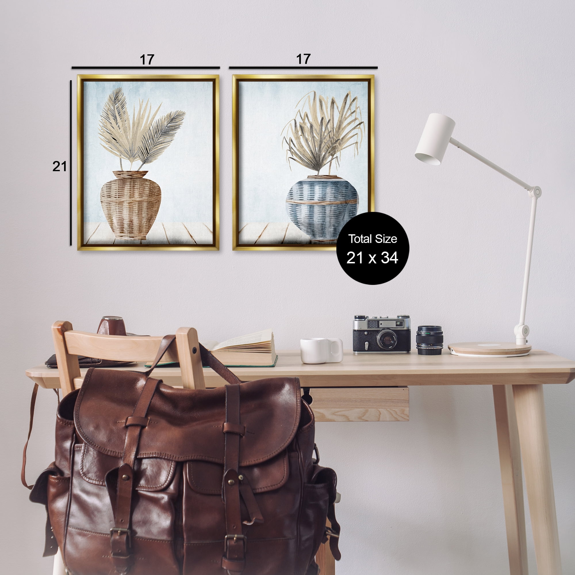 Stupell Industries Palms in Rattan Planters Floral & Botanical Painting Gold Floater Framed Canvas Art Print Wall Art, 17 x 21, Set of 2