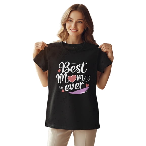 Women's Best Mom Ever Pink Heart T-Shirt 100% Cotton Short Sleeve