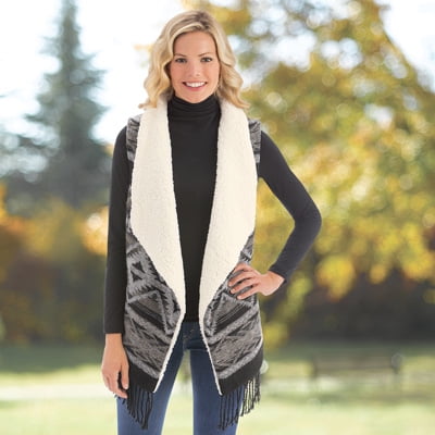 Fleece Print Vest - Women's Aztec Print Sherpa Fleece Vest with Fringe Trim, Grey, Medium/Large