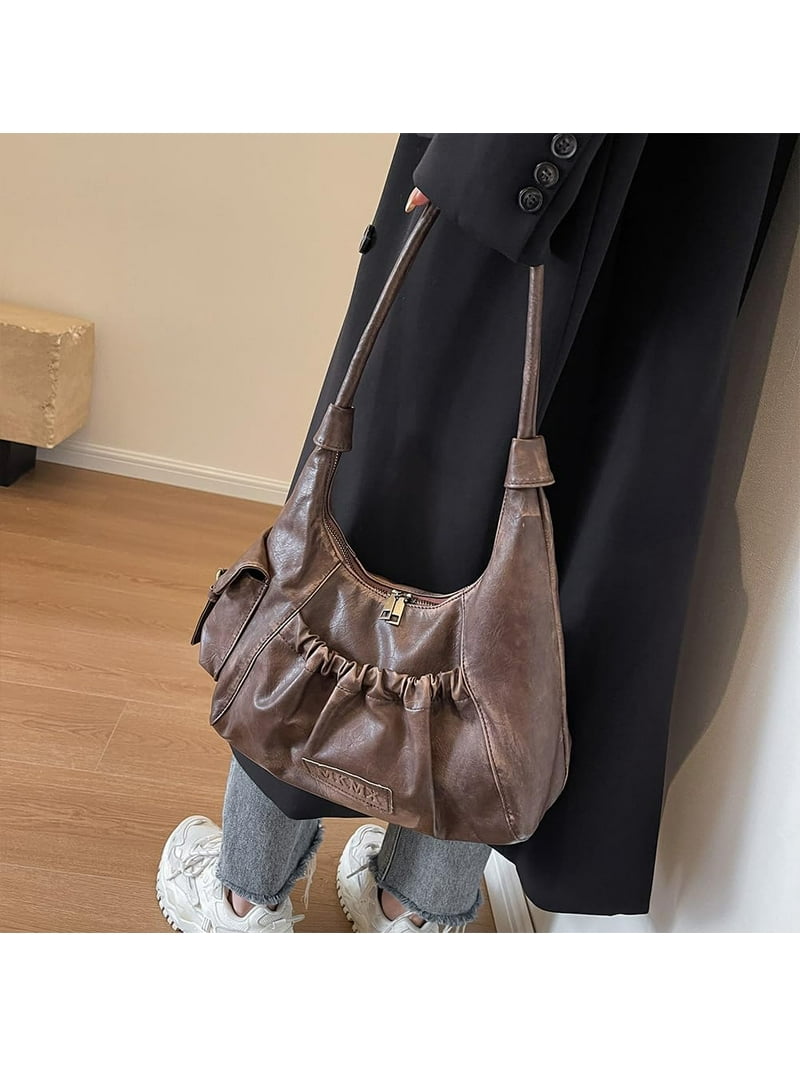 JUYGO Hobo Bag Washed Leather Tote Bag Retro Crescent