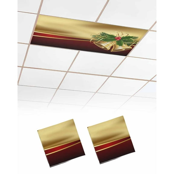 Christmas Fluorescent Light Covers for Ceiling Lights 4x2 feet,2 Pack Magnetic Light Filters for Classroom,Xmas Bells Berry Botanical Golden Red Fluorescent Light Shade Panel for Office School Drop