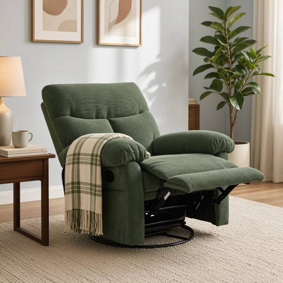 Modern Swivel Rocker Recliner Chair with 360-Degree Rotation and Gliding Motion, Manual Overstuffed Armchair for Living Room, Dark Green
