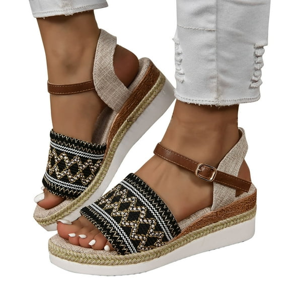 Xfvqtps Womens Wedge Sandals Flatform Espadilles Open Toe Ankle Adjustable Buckle Embroidery Vintage Linen Sole Dressy Non Slip Breathable Summer Sandals Black