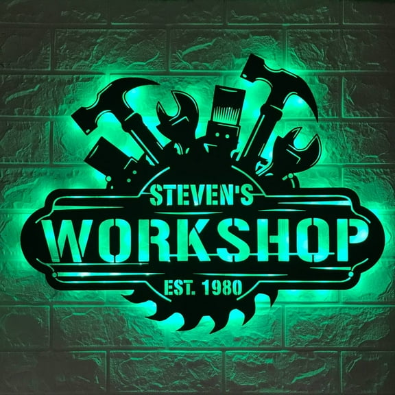 Craftnamesign Personalized Garage Metal Wall Art LED Light, Custom Workshop Name Sign, Gift for Dad