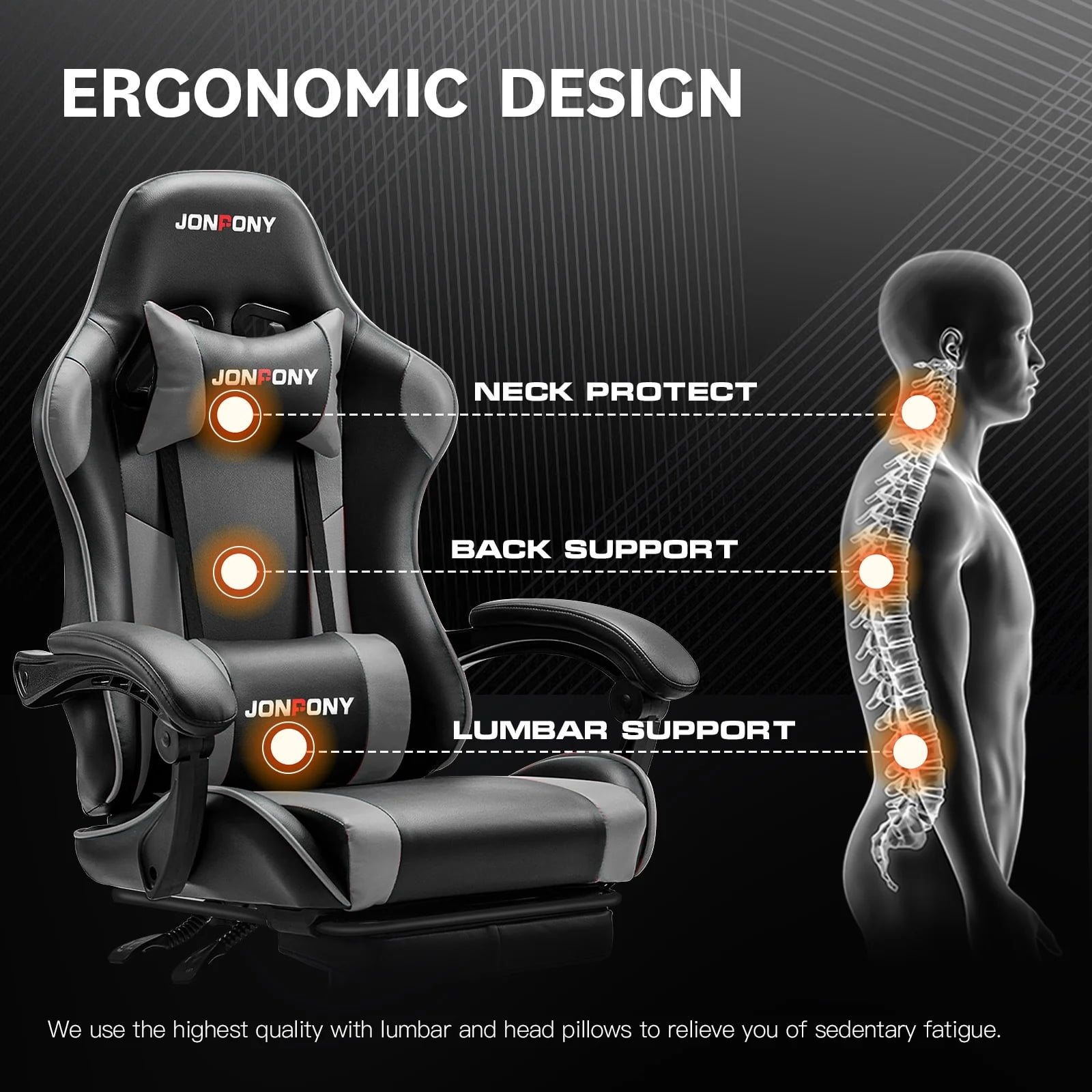 JONPONY Big and Tall 400LBS Gaming Chair, Ergonomic Design, Gamer Chair PU Leather with Footrest and Lumbar Support, High Back Office Chair Support 8 Hours Long Sitting, Computer Chair,Black Grey