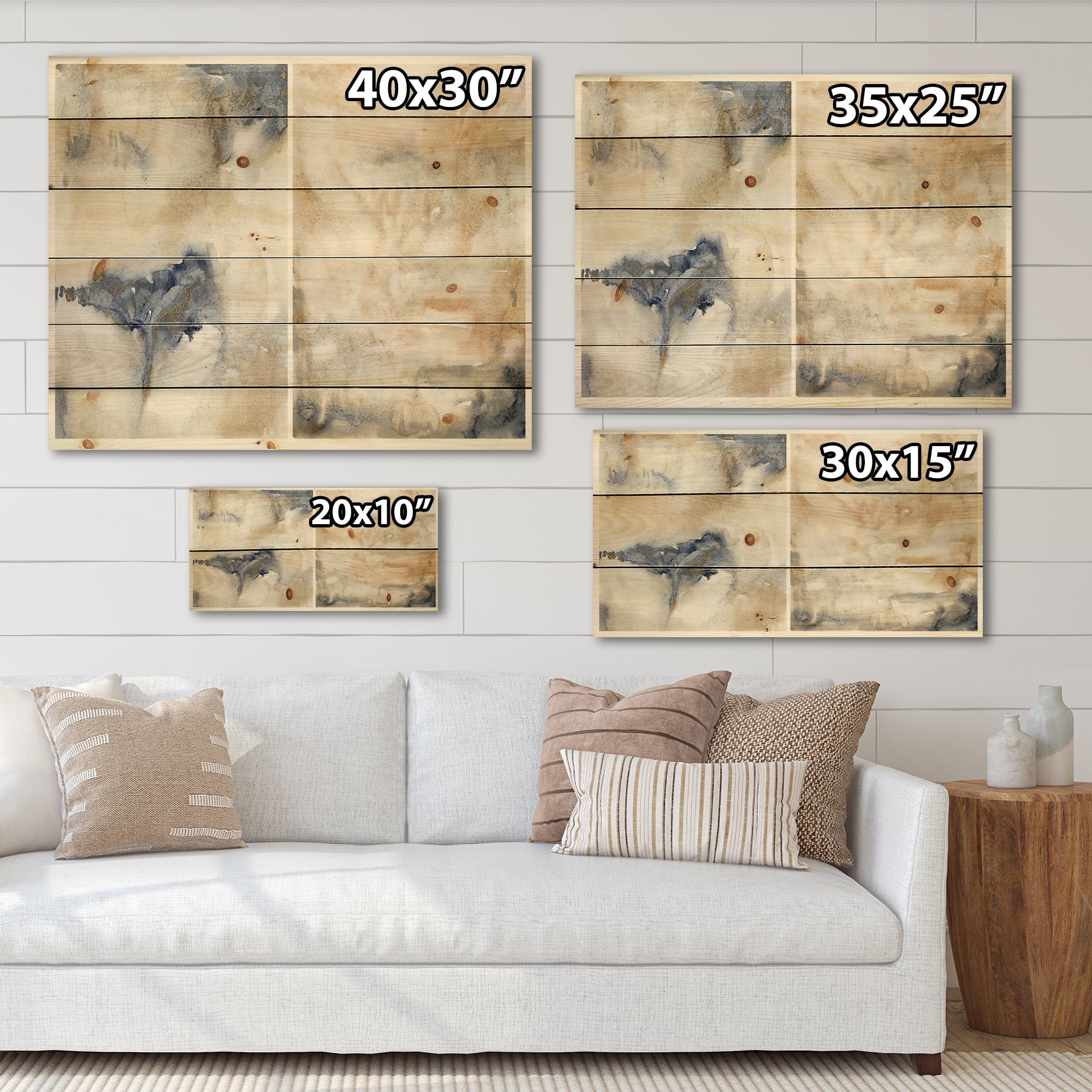 Designart 'Abstract Gold Beige Pink and Dark Pastel Strokes' Modern Print on Natural Pine Wood