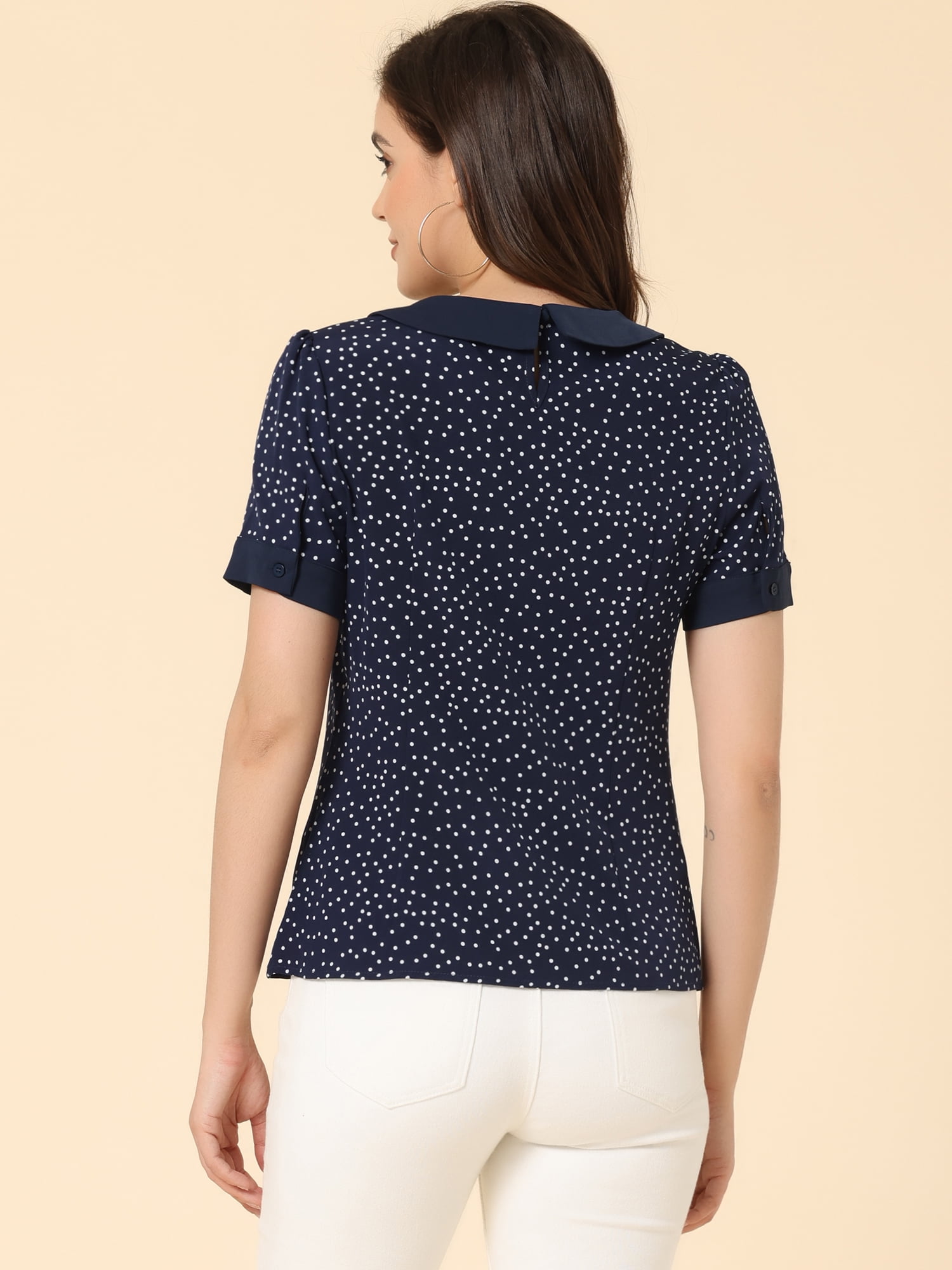 DARING DIVA Women's Peter Pan Collar Polka Dots Short Sleeve Tops XS Navy Blue