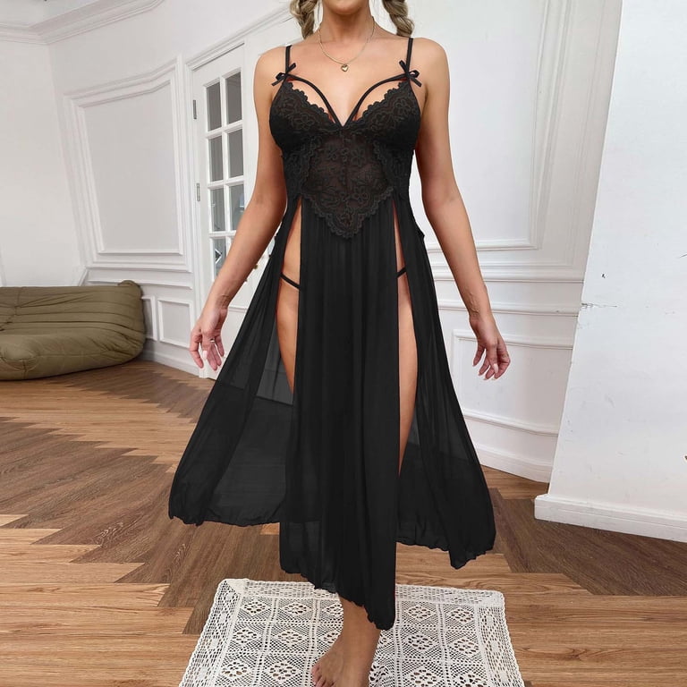 Brilliant Women's Sleepwear Night Gown Sexy Mesh Deep V Lace Pajamas Side  Slit Sling Skirt Extended Home Dress Pajama Dress Women's Set clearance  clothes under $5.00