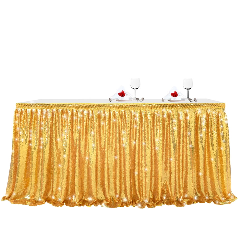 Gold Sequin Table Skirt with Magic Sticker Decoration for Wedding Birthday Party Specification ...