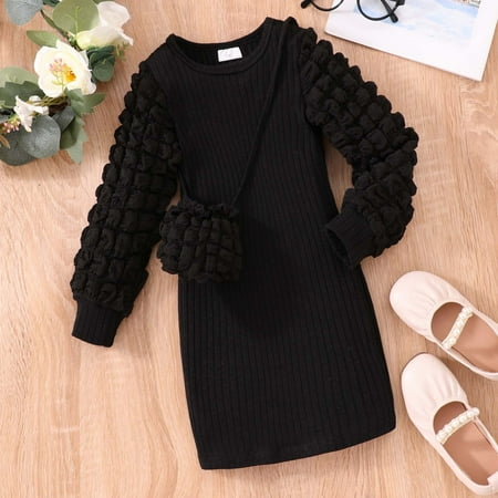 Wancir Little Girls Ruffle Lantern Long Sleeve Knit Elastic Mini Dress Fall Holiday Party Dress with Bag