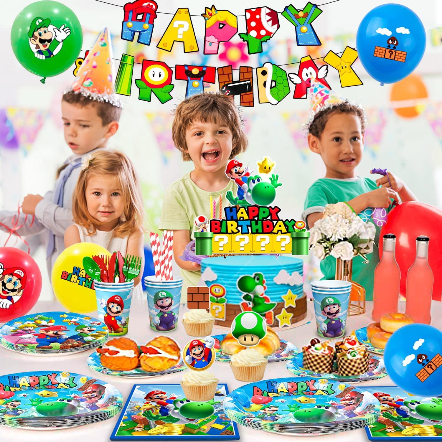 Super Mario Birthday Party Supplies,177pcs Mario Party Decorations&Tableware Set-Mario Party Plates Cups Napkins Table Cloth Balloons Backdrop Banner etc Super Mario Birthday Decorations