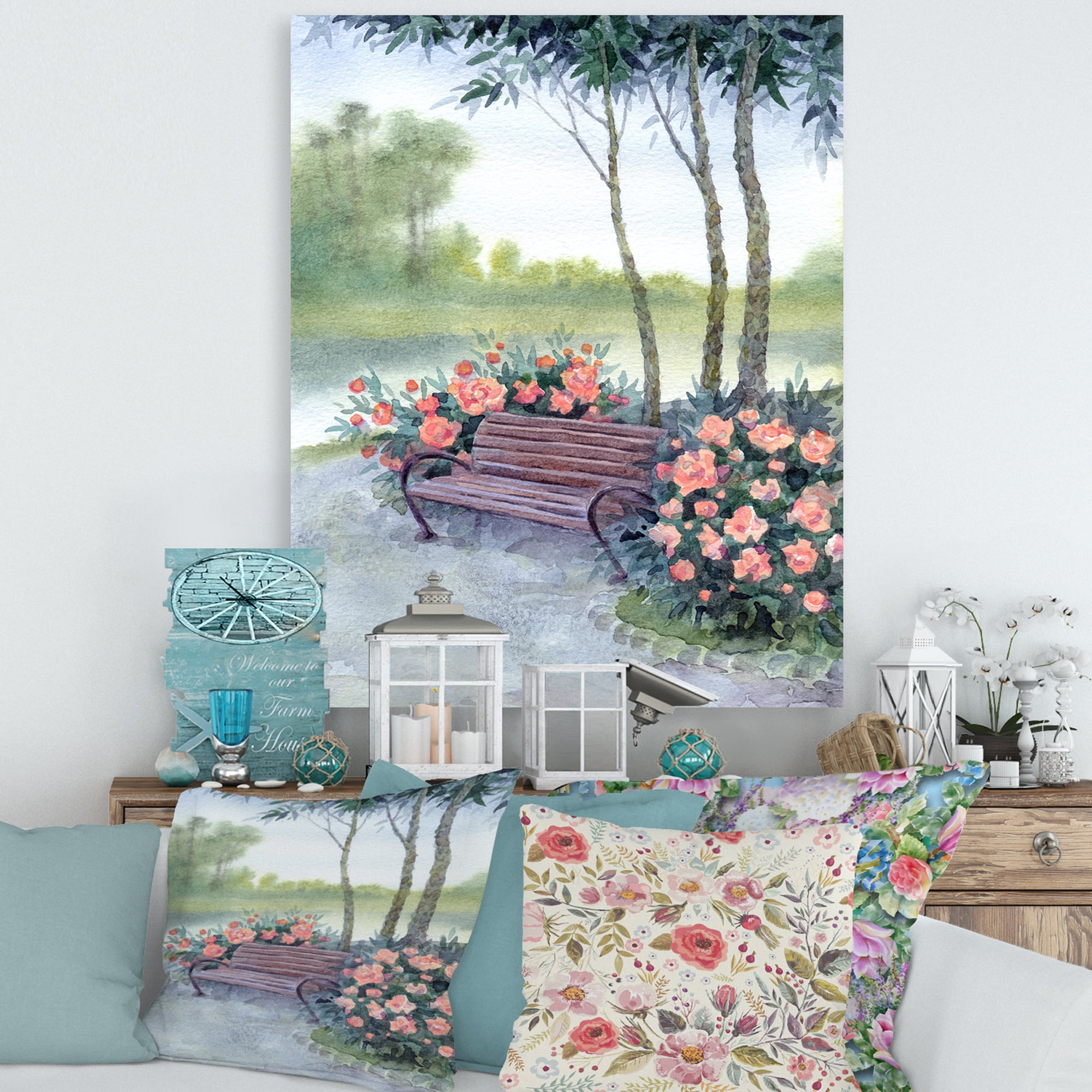 Designart ' Bench In Park By The Pions Flowers Bushes ' Traditional Canvas Wall Art Print