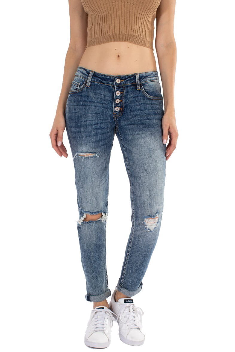 Kancan Kancan USA Women's Dark Wash Five Pocket Button Fly mid Rise