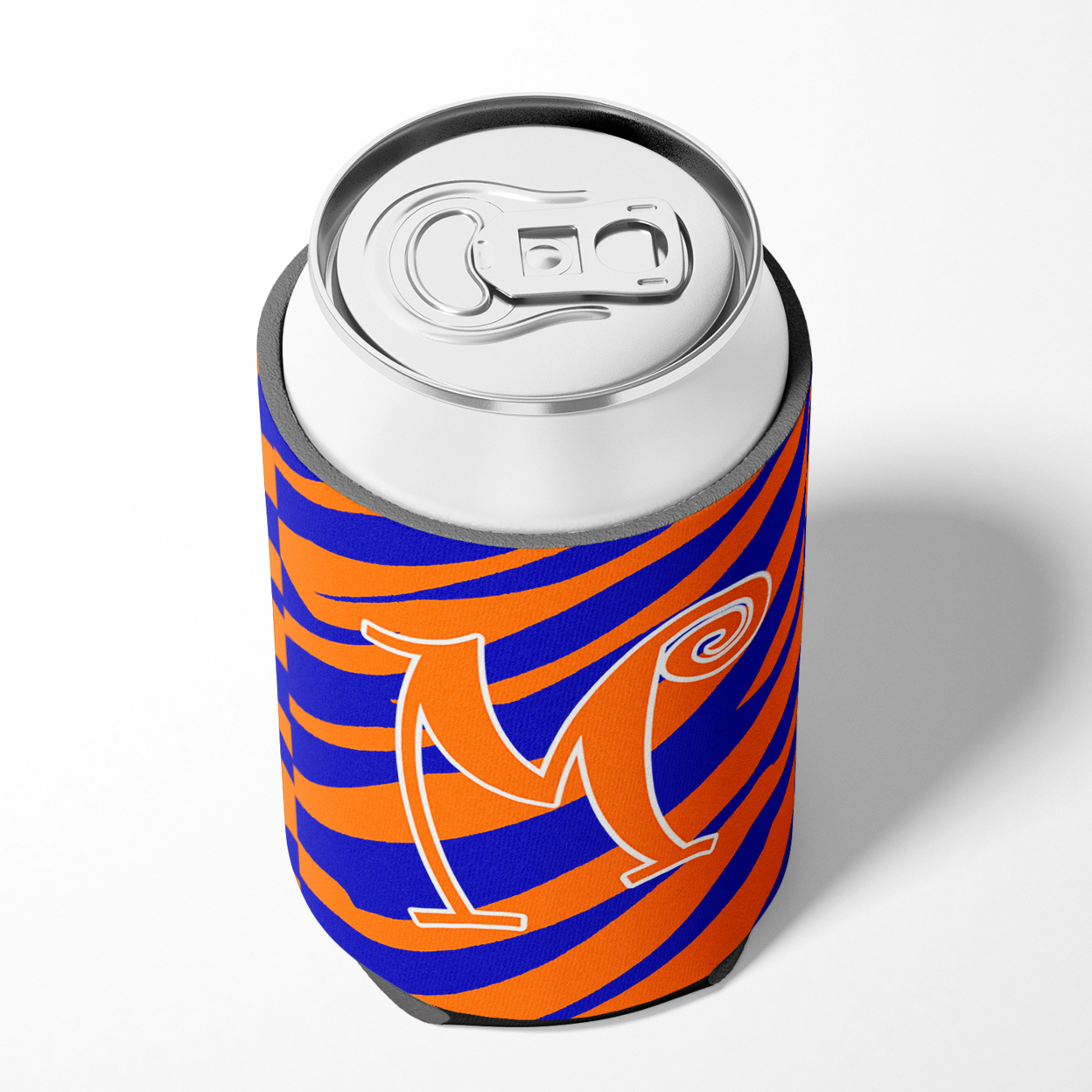 Letter M Initial Monogram - Tiger Stripe Blue and Orange Can Beverage Insulator Hugger