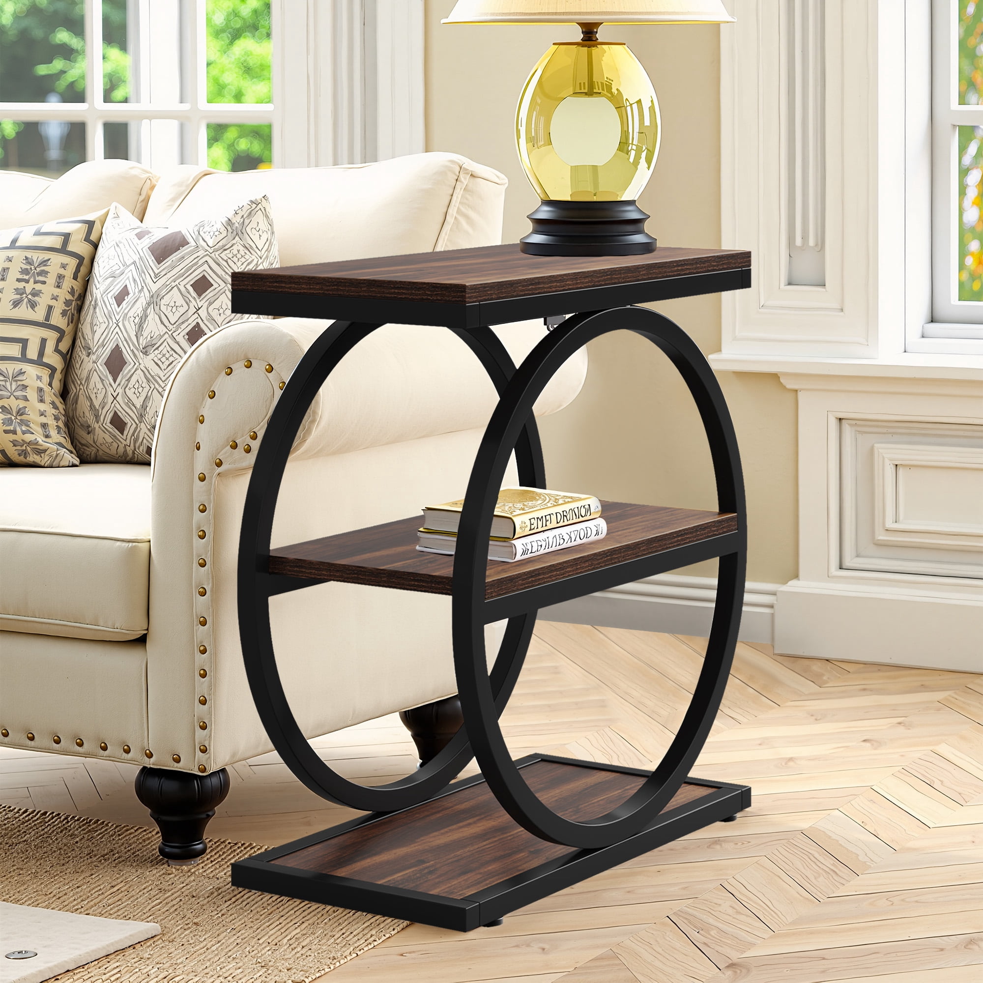 MAYEERTY Industrial 3-Tier Side Table, Slim End Table with Round Metal Frame, Suitable for Living Room, Bedroom and Outdoor Spaces