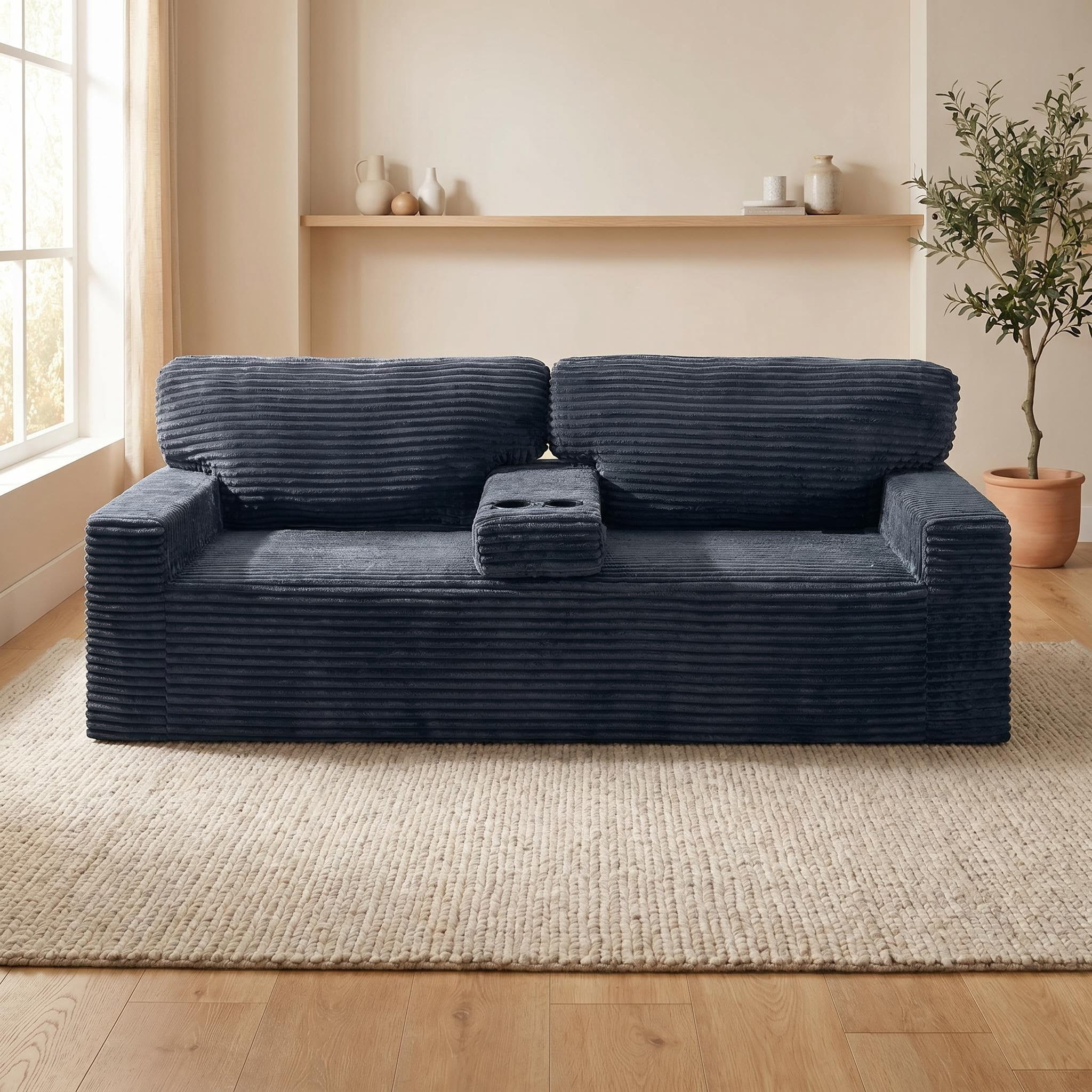 Leumius 91.7" Boneless Couches for Living Room,Plush Corduroy 3 Seater Sofa with Built-in Cup Holders and Side Storage Pocket,No Assembly,Gray