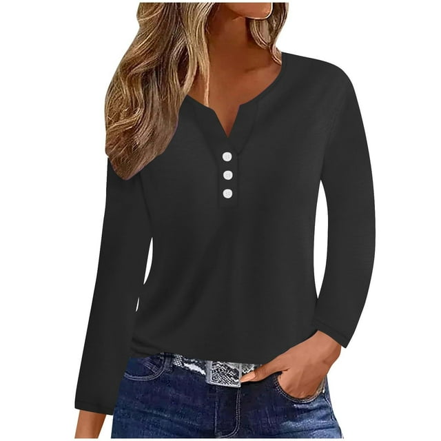 Women's Long Sleeve V-Neck Tunic Button Front Casual Blouse Solid Color Pullover Top Lightweight Spring Summer Wear