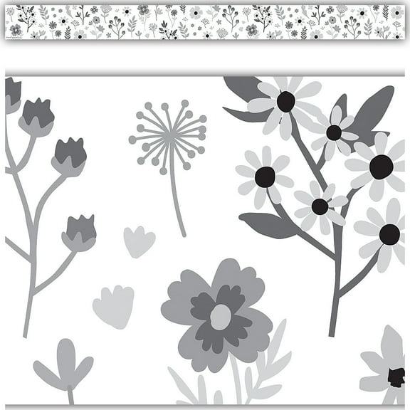 Black and White Floral Straight Border Trim [TCR6808]