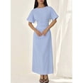 thumbnail image 4 of Petite Womens Blue Striped Linen Blend Ruched Waist Short Sleeve Maxi Dress, 4 of 8