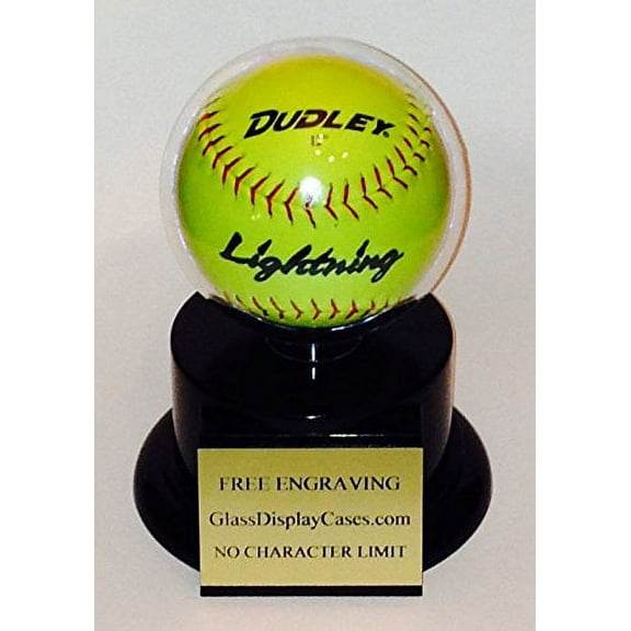 Softball Personalized Acrylic Display Case with Round Ball Globe - Holder for 11" Ball and Round Black Platform Base - No Character Limit Laser Engraved Name Plate