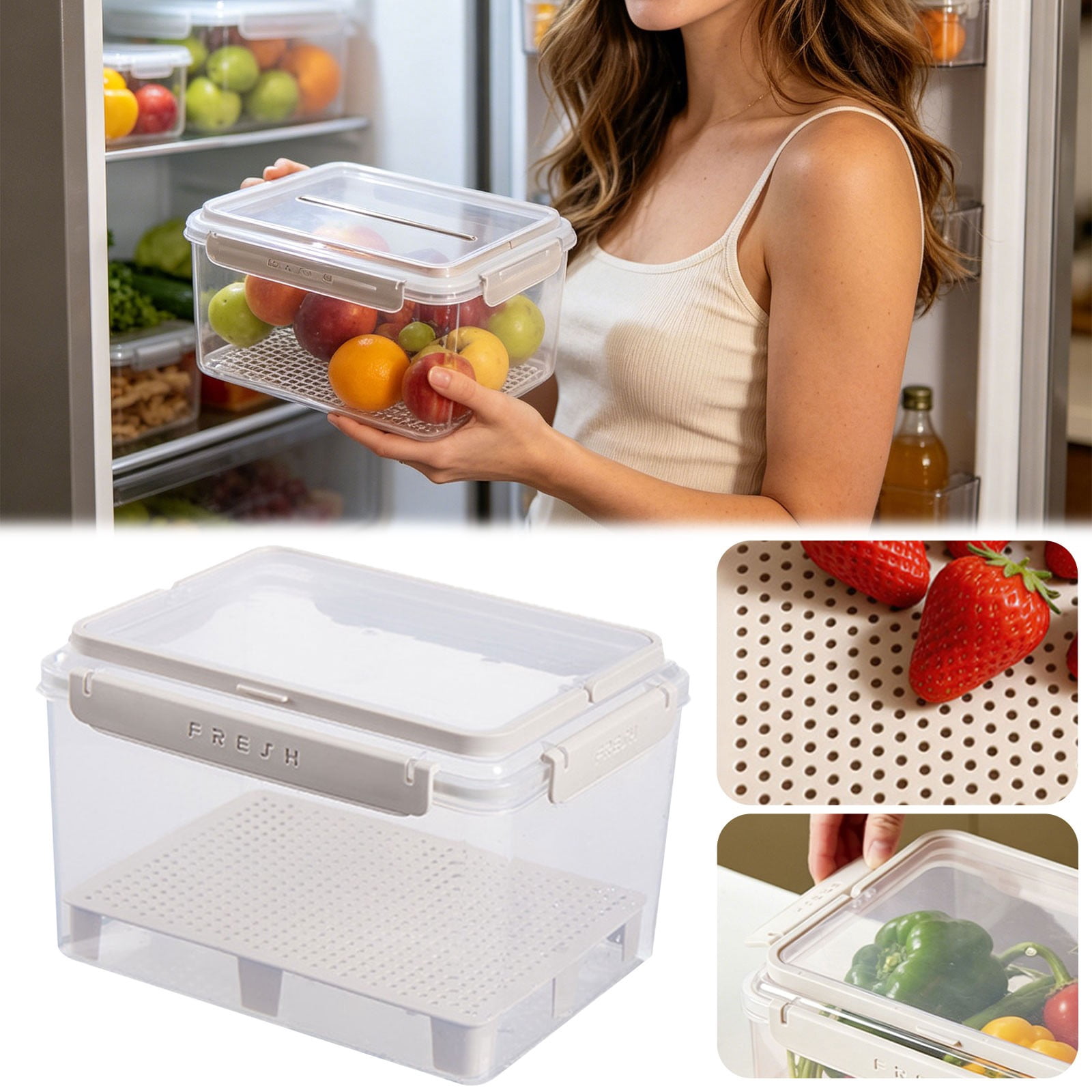 Large Fruit Containers for Fridge-1/1.59 Gal Leakproof Food Storage Containers with Removable Draining Layer-Dishwasher Safe Produce Containers for Fruits,Vegetables,Berry, 1Pc(Clear,9.2x6.7x5.9")