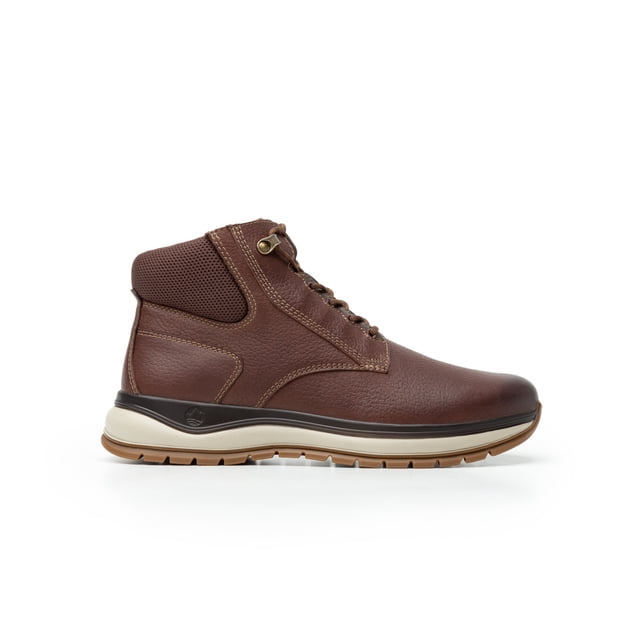 bota flexi country outdoor caballero 401002 chocolate bota de hombre outdoor en piel waxi color chocolate con panel textil en tobillo y lengüeta, vista lateral derecha, agujetas con ganchos metálicos y elásticos, plantilla de piel de cerdo, suela tricolor de poliuretano dentada con logo Flexi Country, altura de tacón 48 mm; adecuada para caminatas urbanas y uso casual.