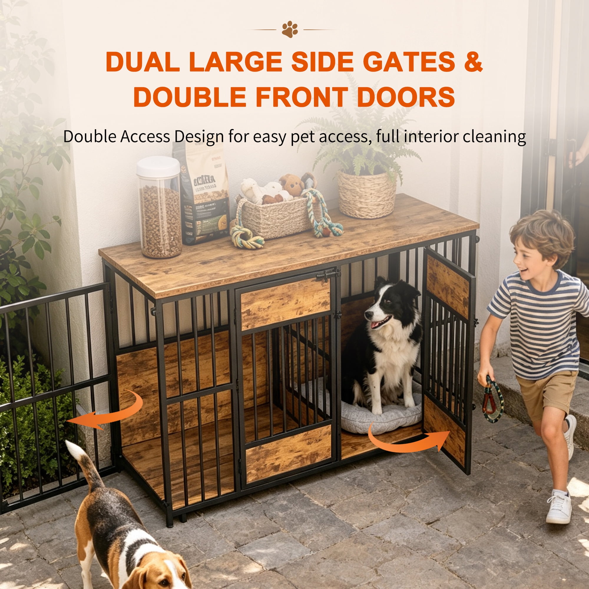 Dog Crate Furniture with Storage Top and Wooden Frame, Large Indoor Pet Kennel and Dog Cage for Living Room Bedroom, Antique Brown