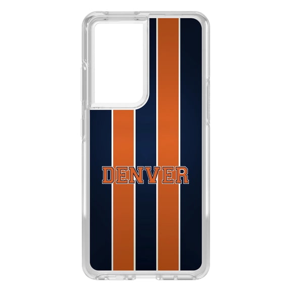 DistinctInk Clear Shockproof Hybrid Case for Galaxy S21 ULTRA 5G (6.8" Screen) - TPU Bumper, Acrylic Back, Tempered Glass Screen Protector - Orange Navy Broncos - Football Team