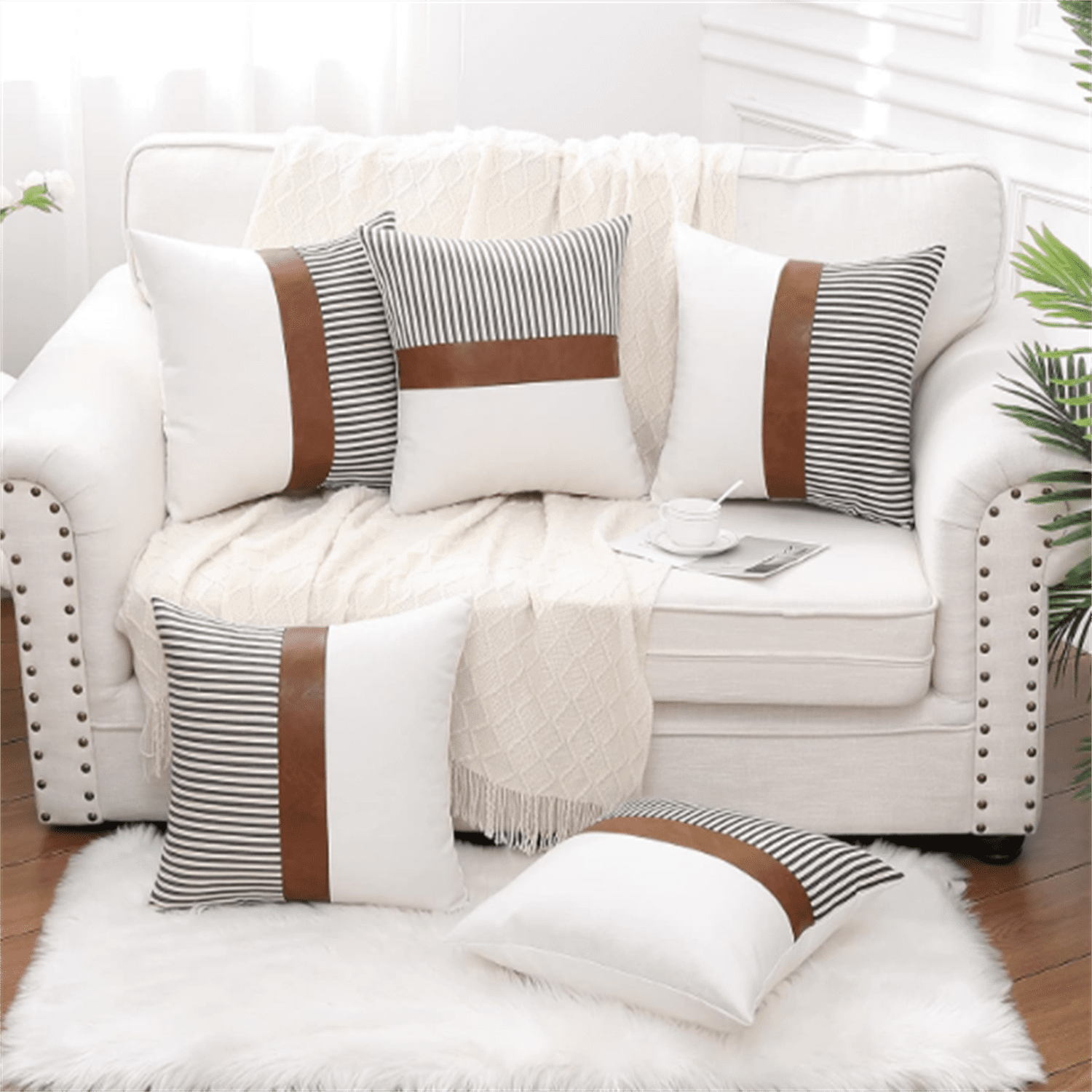 Set of 2 Faux Leather Throw Pillows 18x18 with Inserts, Boho Striped Farmhouse Outdoor Pillows, Decorative Accent Cushions for Couch, Patio & Living Room, Grey