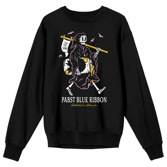 Pabst Blue Ribbon Grim Reaper Enjoying a Beer Adult Black Crew Neck Sweatshirt-Medium