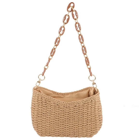 MLINS  Pockets Straw Bag Women's Shoulder Solid Color Seaside Vacation Beach (coffee)