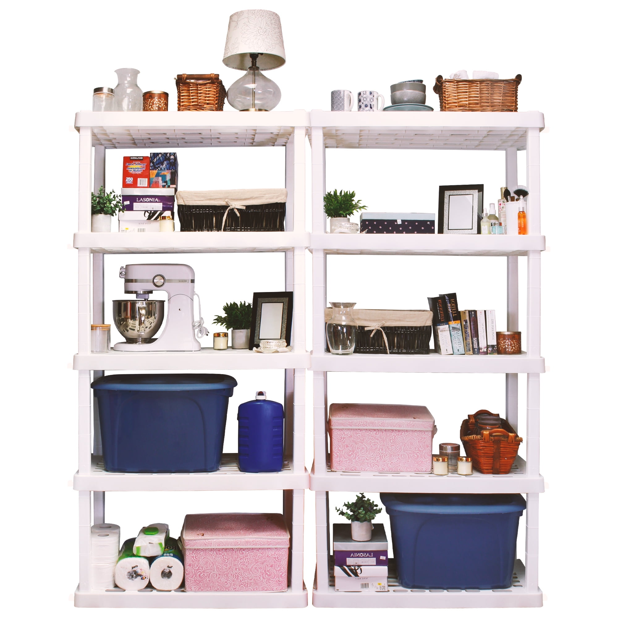 Hyper Tough Plastic Storage Shelves 5-Tier 73.8"H x 36"W x 17.75"D, 2-Pack White, 750 lbs Total Capacity