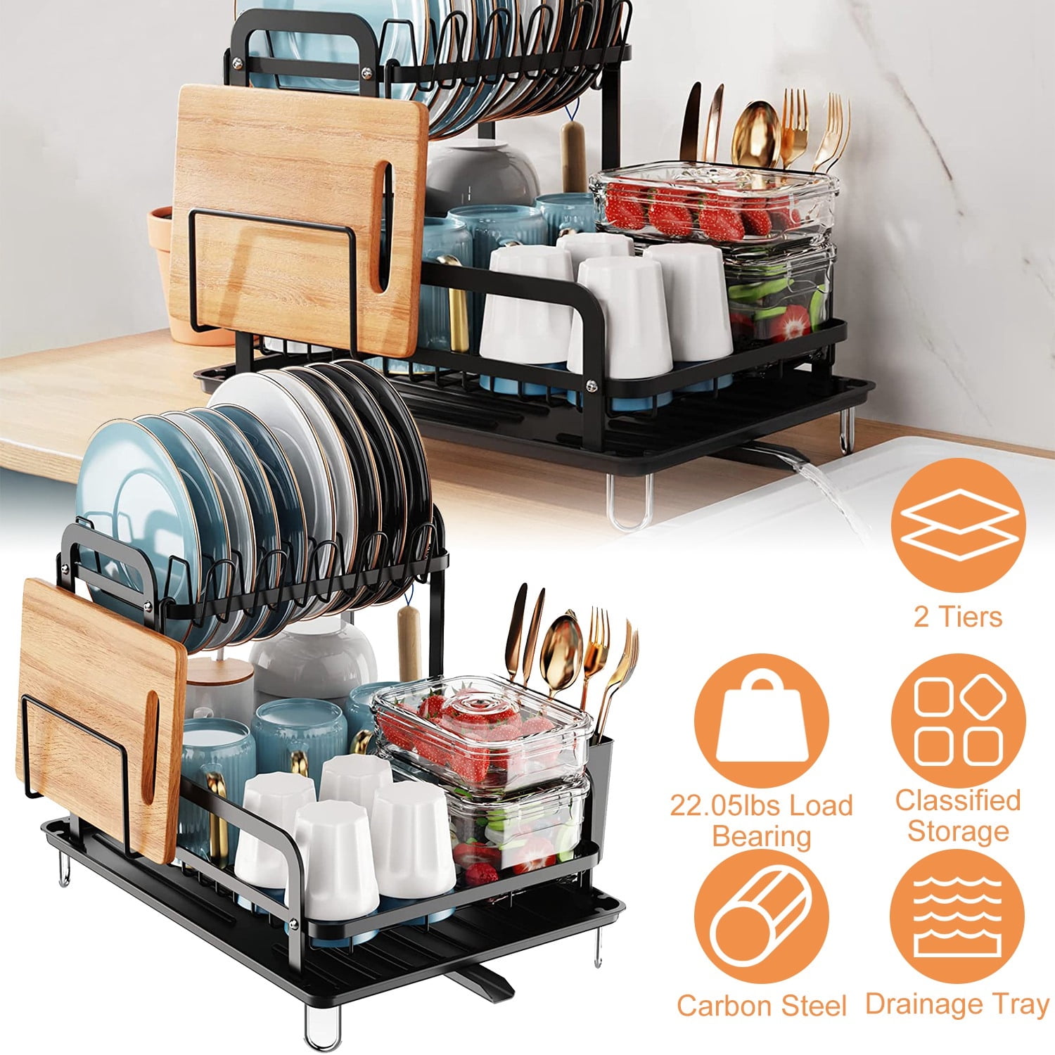 2 Tier Dish Drying Rack, Carbon Steel Rust Resistant Kitchen Drainer, Large Capacity Tableware Organizer with Drainage Tray, Removable Utensil Holder, for Kitchen Countertop Sink Corner