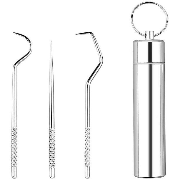 Juego de palillos de dientes de acero inoxidable de 3 piezas / juego, herramientas de limpieza de dientes de primera calidad, juego de palillos de dientes de hilo dental reutilizable, llavero de