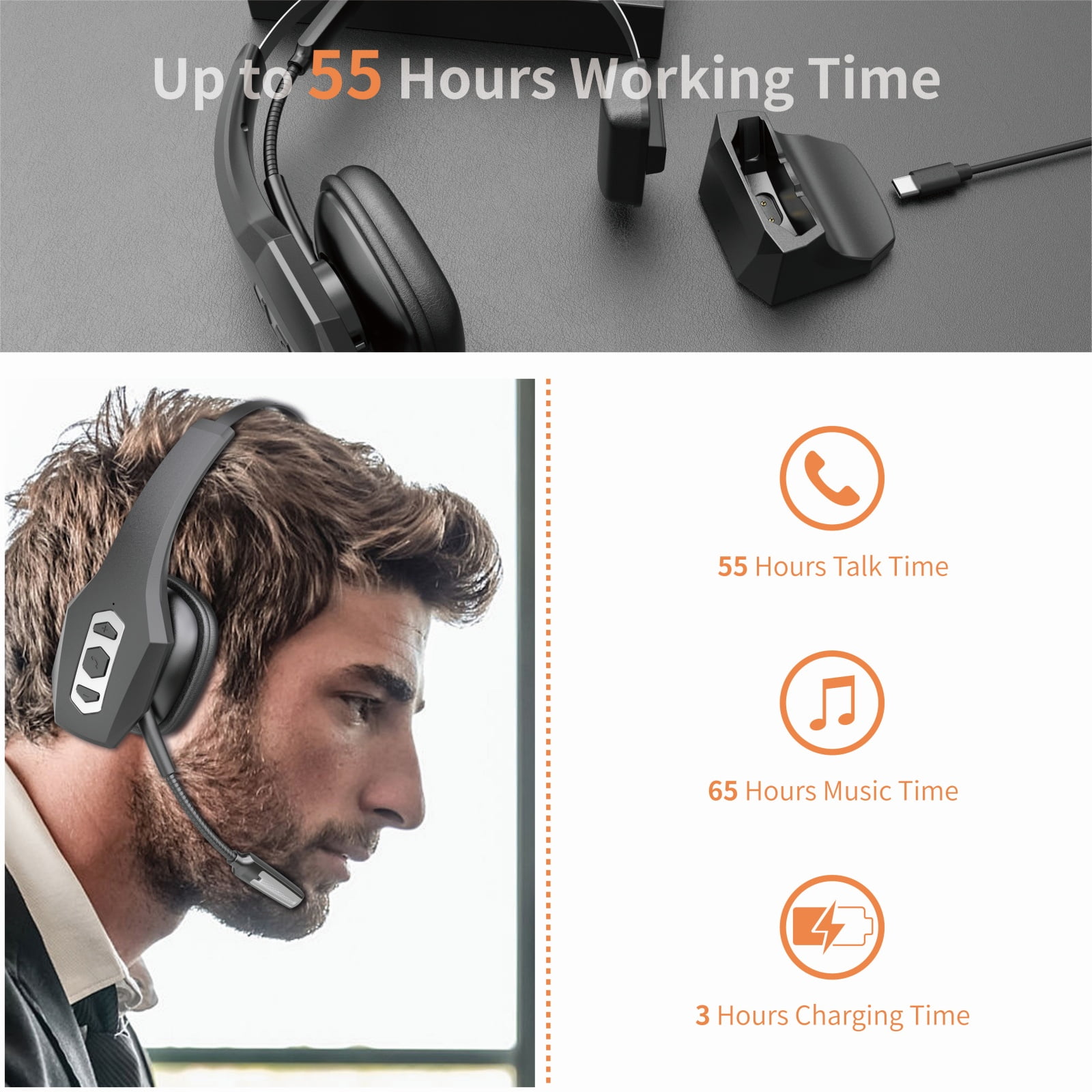 JOUALY Wireless Bluetooth Business Headset with Microphone & Charging Case,5.2 Headset for Trucker,70H Working Time,Dual Noise Canceling Headphones for Driving/ Home/ Office /Cell Phones/Computer